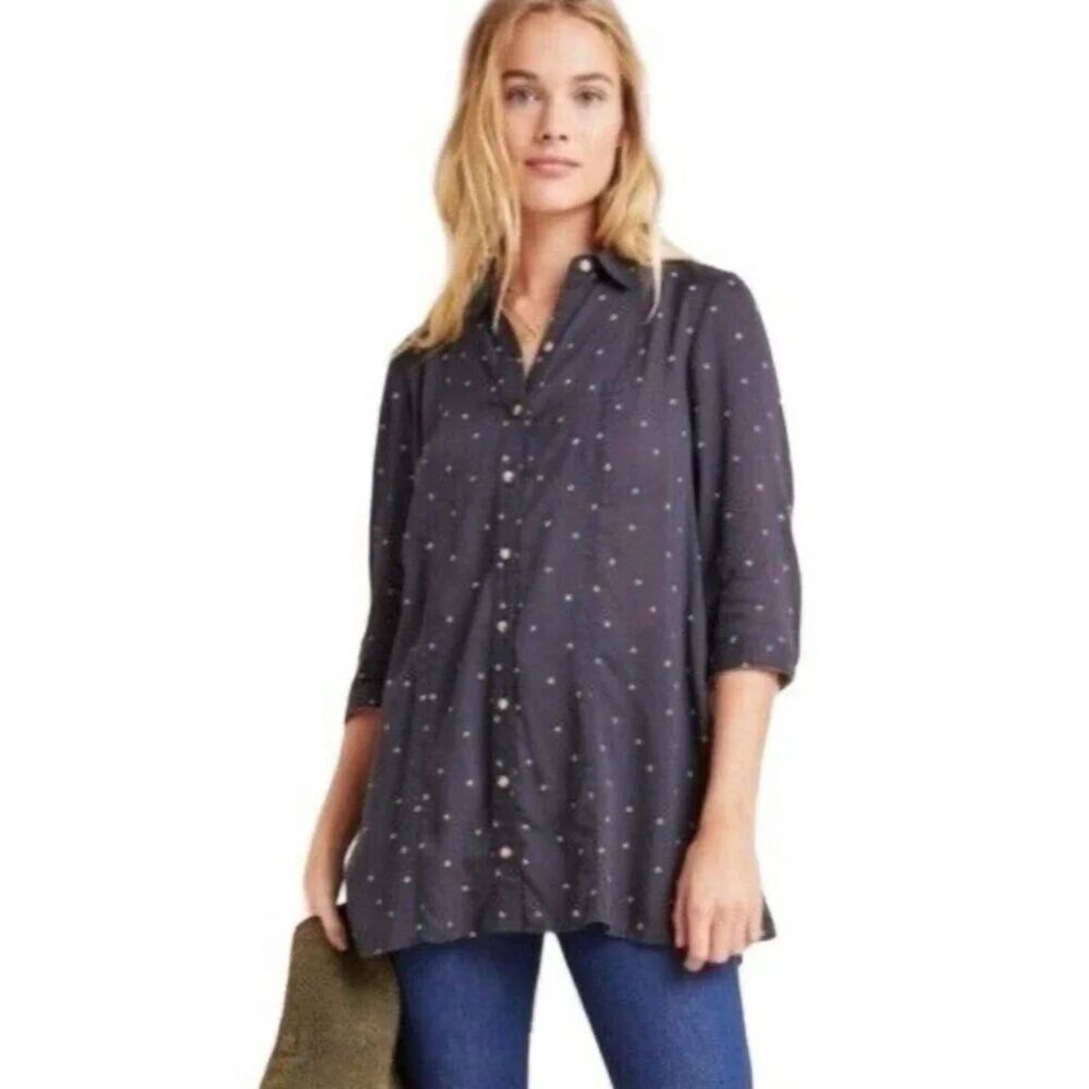 Anthropologie Maeve Women's Button Front Tunic Blouse Polka Dot Peplum Top XS